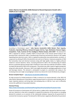 India Styrene Acrylonitrile Pricing and Prices