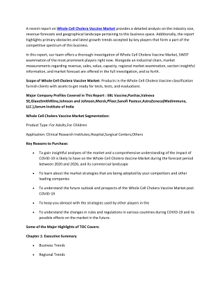 Whole Cell Cholera Vaccine Market Share, Trends, Segmentation and Forecast to 2025