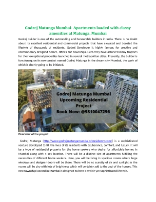 Godrej Matunga Mumbai- Apartments loaded with classy amenities at Matunga, Mumbai!!