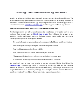 Freeweb2app Mobile App Creator to Make your App from Website