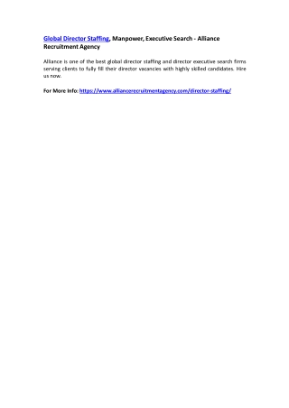 Global Director Staffing, Manpower, Executive Search - Alliance Recruitment Agency