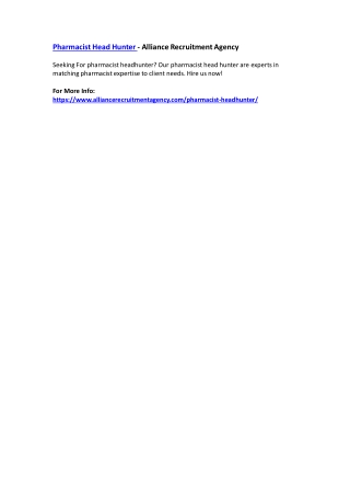 Pharmacist Head Hunter - Alliance Recruitment Agency