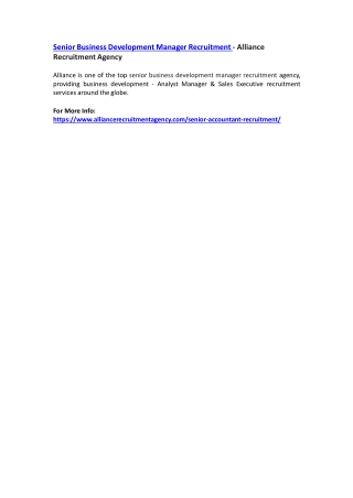 Senior Business Development Manager Recruitment - Alliance Recruitment Agency