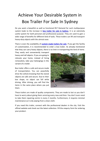 Achieve Your Desirable System in Box Trailer For Sale In Sydney