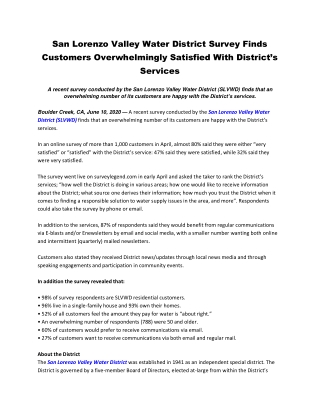 San Lorenzo Valley Water District Survey Finds Customers Overwhelmingly Satisfied With District’s Services