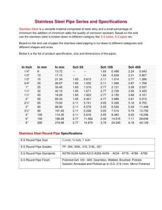 Stainless Steel Pipe Series and Specifications