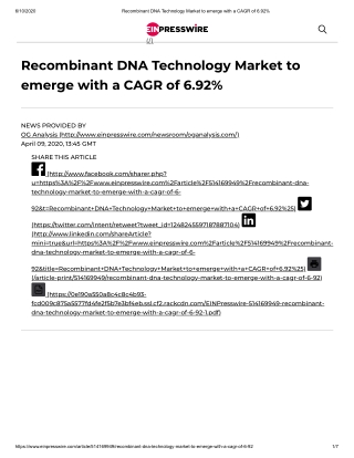 2020 Recombinant DNA Technology Market Size, Share and Trend Analysis Report to 2026