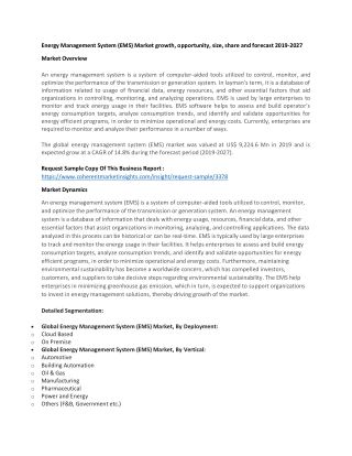 Energy Management System (EMS) Market growth, opportunity, size, share and forecast 2019-2027