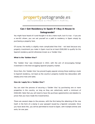 Can I Get Residency In Spain If I Buy A House InSotogrande?