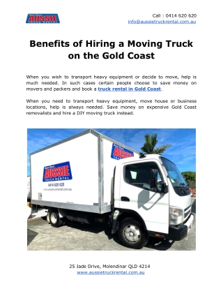 Benefits of Hiring a Moving Truck on the Gold Coast