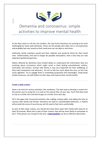 Dementia and Coronavirus: Simple Activities to Improve Mental Health