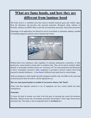 What are fume hoods, and how they are different from laminar hood
