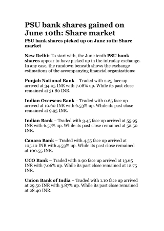 PSU bank shares gained on June 10th: Share market