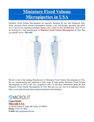 Miniature Fixed Volume Micropipettes in USA