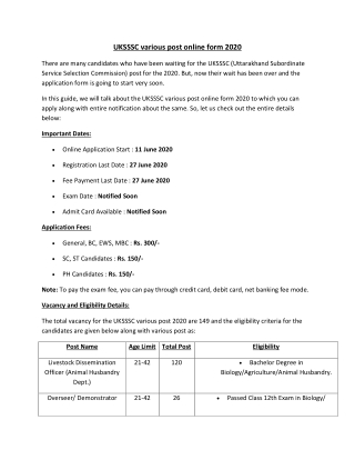 UKSSSC various post online form 2020| How to apply online