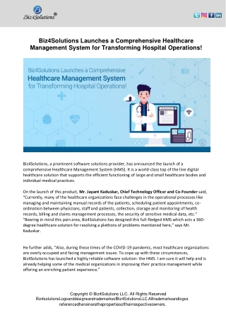 Biz4Solutions Launches a Comprehensive Healthcare Management system for Transforming Hospital Transformation !