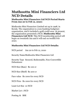 Muthoottu Mini Financiers Ltd NCD Details