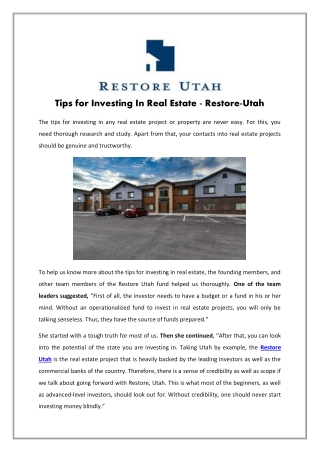 Tips for Investing In Real Estate - Restore-Utah