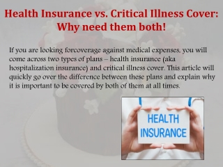 Health Insurance vs. Critical Illness Cover: Why need them both!