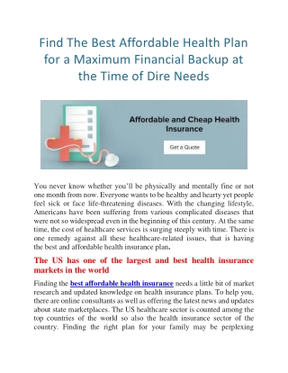 Find The Best Affordable Health Plan for a Maximum Financial Backup at the Time of Dire Needs