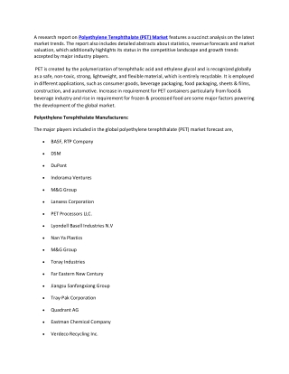 Polyethylene Terephthalate (PET) Market Segmentation and Forecast by 2025