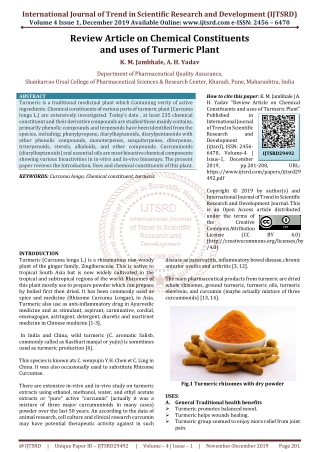 Review Article on Chemical Constituents and uses of Turmeric Plant