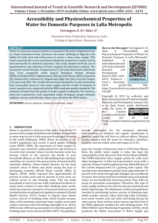 Accessibility and Physicochemical Properties of Water for Domestic Purposes in Lafia Metropolis