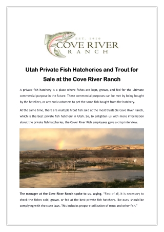 Utah Private Fish Hatcheries and Trout for Sale at the Cove River Ranch