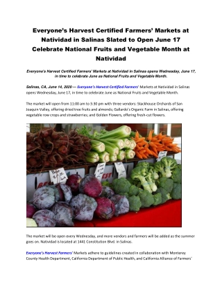 Everyone’s Harvest Certified Farmers’ Markets at Natividad in Salinas Slated to Open June 17 Celebrate National Fruits a