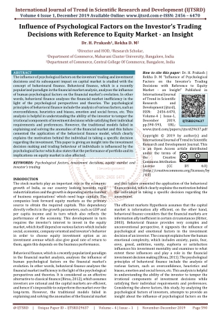 Influence of Psychological Factors on the Investor’s Trading Decisions with Reference to Equity Market - an Insight