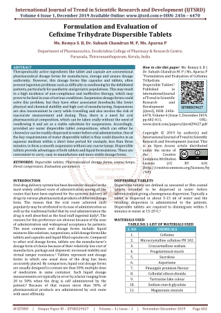 Formulation and Evaluation of Cefixime Trihydrate Dispersible Tablets