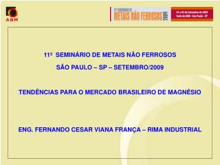 11 º SEMINÁRIO DE METAIS NÃO FERROSOS SÃO PAULO – SP – SETEMBRO/2009 TENDÊNCIAS PARA O MERCADO BRASILEIRO DE MAGNÉSIO