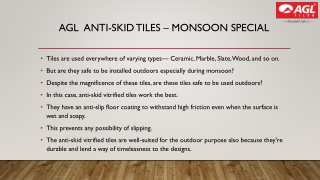 AGL Anti-skid tiles – monsoon special