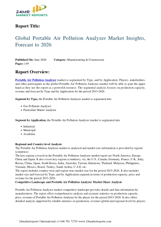 Portable Air Pollution Analyzer 2020 Business Analysis, Scope, Size, Overview, and Forecast 2026