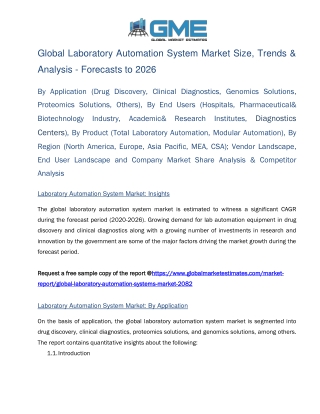 Global Laboratory Automation Systems Market Size, Trends & Analysis - Forecasts to 2026