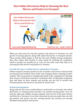 How Online Directories Help in Choosing the Best Movers and Packers in Varanasi?