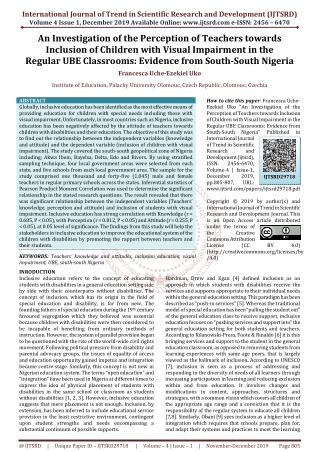 An Investigation of the Perception of Teachers towards Inclusion of Children with Visual Impairment in the Regular UBE C