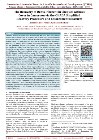 The Recovery of Debts Inherent in Cheques without Cover in Cameroon via the OHADA Simplified Recovery Procedure and Enfo