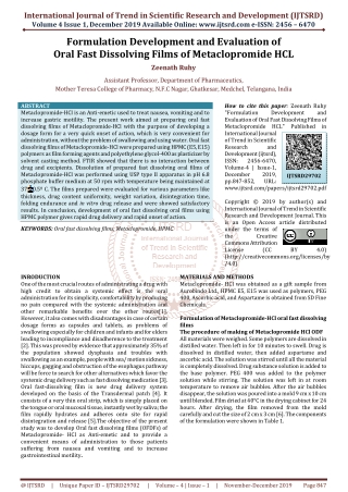 Formulation Development and Evaluation of Oral Fast Dissolving Films of Metaclopromide HCL