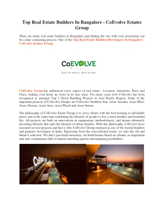 Top Real Estate Builders In Bangalore - CoEvolve Estates Group