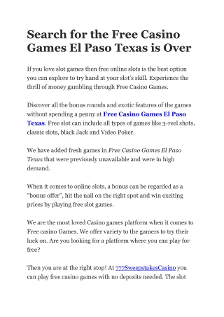 Search for the Free Casino Games El Paso Texas is Over