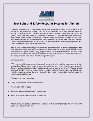 Seat Belts and Safety Restraint Systems for Aircraft
