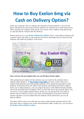 How to Buy Exelon 6mg via Cash on Delivery Option?