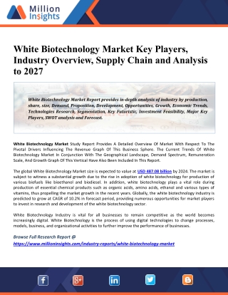 White Biotechnology Market 2020 - Global Industry Research Update, Future Scope, Size Estimation, Revenue, Pricing Trend