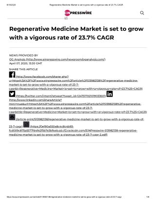 2020 Regenerative Medicine Market Size, Share and Trend Analysis Report to 2026