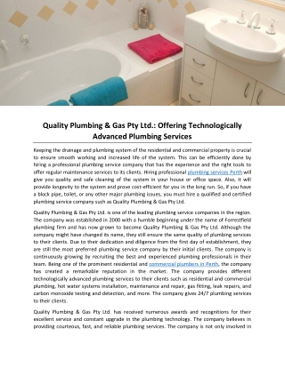 Quality Plumbing & Gas Pty Ltd.: Offering Technologically Advanced Plumbing Services