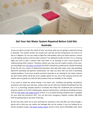 Get Your Hot Water System Repaired Before Cold Hits Australia