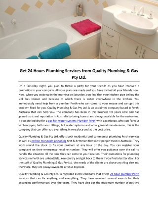 Get 24 Hours Plumbing Services from Quality Plumbing & Gas Pty Ltd.