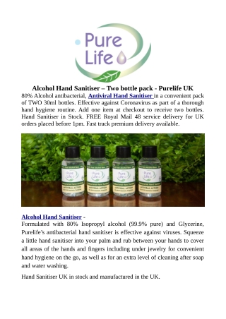 Alcohol Hand Sanitiser – Two bottle pack - Purelife UK