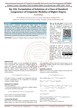 Rp-106: Formulation of Solutions of a Class of Standard Congruence of Composite Modulus of Higher Degree